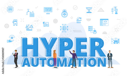 hyper automation concept with big words and people surrounded by related icon spreading