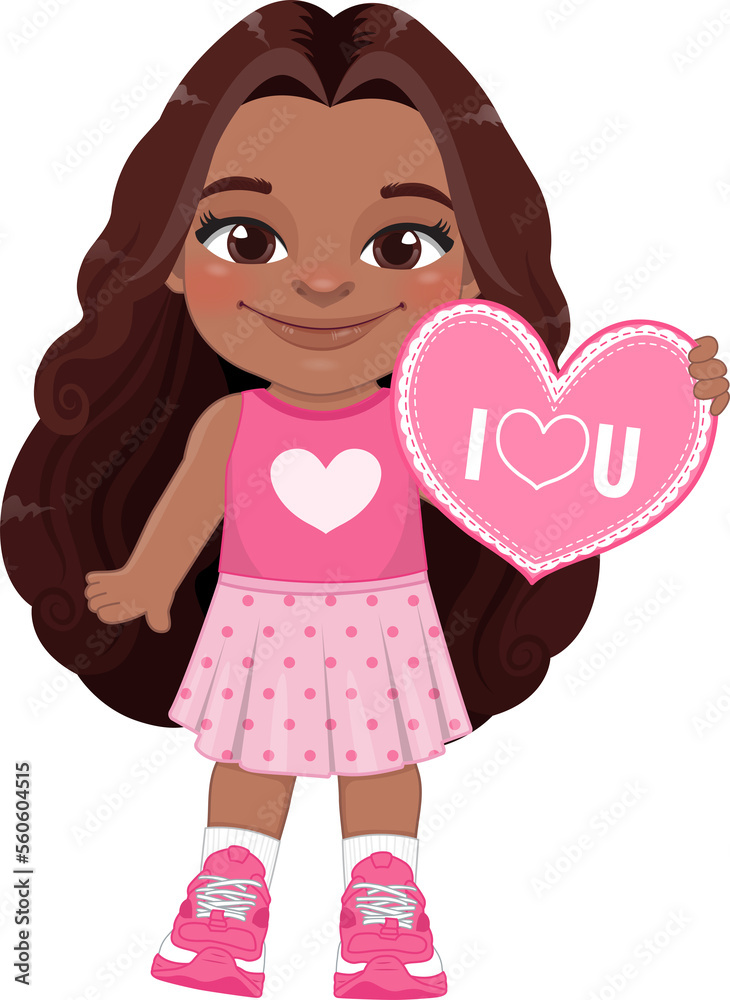 Valentine American African kid with little black girl holding pink heart banner. Dating, Celebrating Valentines day flat icon. Brown curly long hair young girlfriend cartoon character PNG. Valentine American African kid with little black girl holding pink heart banner. Dating, Celebrating Valentines day flat icon. Brown curly long hair young girlfriend cartoon character PNG.