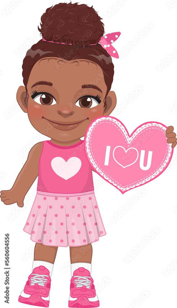 Valentine American African kid with little black girl holding pink heart banner. Dating, Celebrating Valentines day flat icon. Brown bun hair young girlfriend cartoon character PNG. Valentine American African kid with little black girl holding pink heart banner. Dating, Celebrating Valentines day flat icon. Brown bun hair young girlfriend cartoon character PNG.