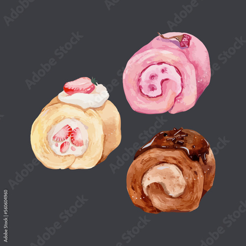 Roll cake. Hand drawn watercolor vector illustration