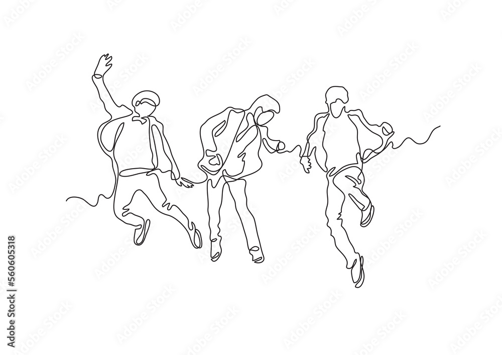 continuous line drawing jumping happy young men - PNG image with transparent background