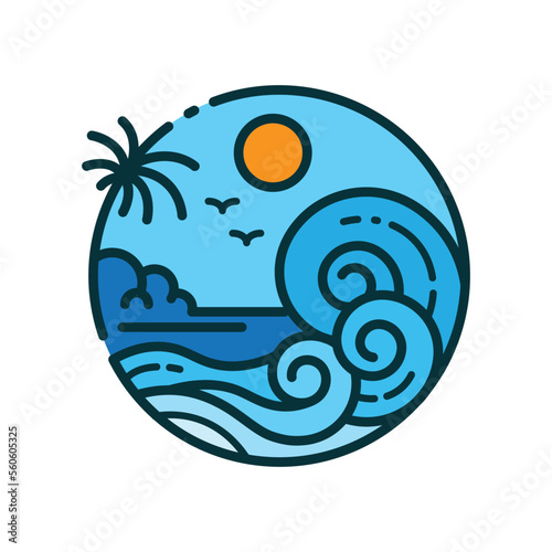 tropical island logo design with blue waves line style vector illustration