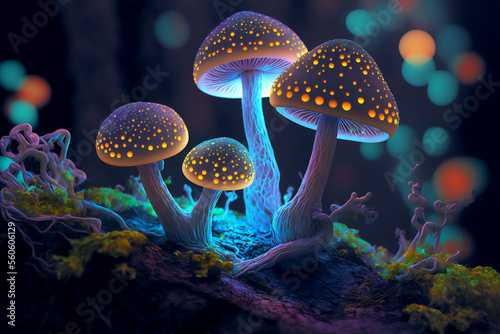 Image for background, fantastic mushrooms, forest, digital illustration, generated by AI