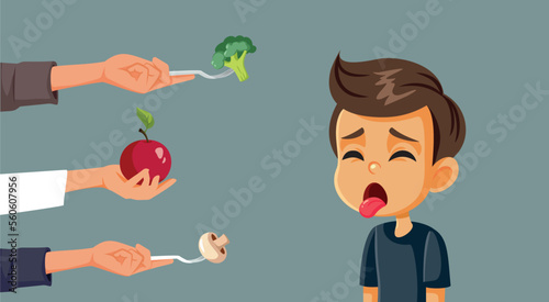 Picky Eater Boy Refusing Food Vector Cartoon Illustration. Unhappy disgusted little kid disliking the menu at home
