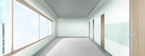 Light empty corridor, 3d hospital, clinic, office hall with large windows and doors by sides perspective view. Modern ward, medical fascility, light room with lamps on ceiling, Realistic vector mock p