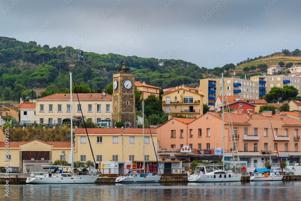 Clock of Port-Vendres city at morning in France