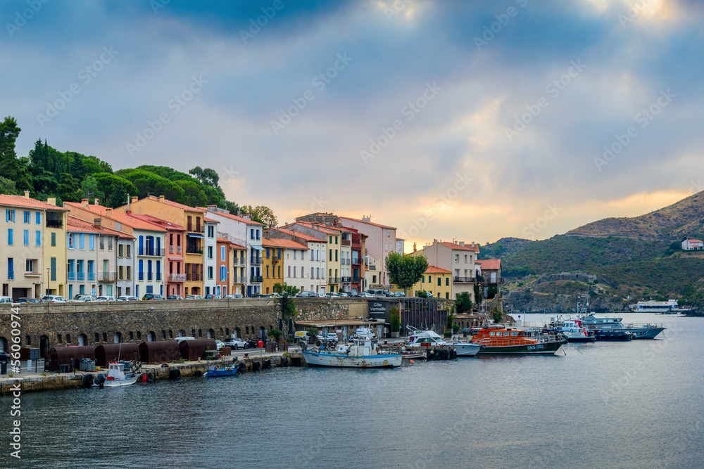 Harbor and houses of Port-Vendres at morning in France