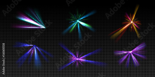 Bright light beams, laser rays, neon glow effect. Abstract flares, color flashes of disco ball, party lights with rays isolated on transparent background, vector realistic set