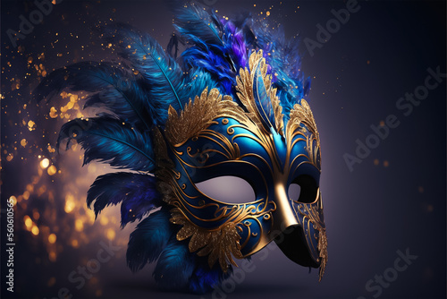 Closeup view of luxury blue carnival mask abstract background. Generative AI