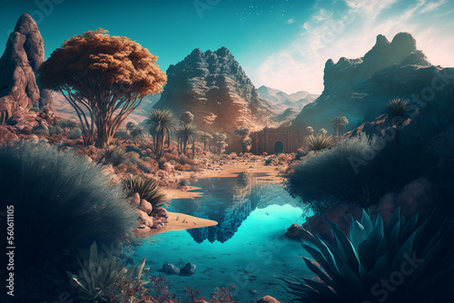 Fotobehang Generative AI illustration of fantasy oasis in desert with huge rocks and distan