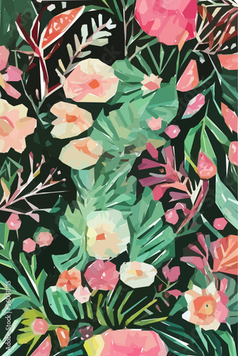 Pink flower  leaf  jungle. Hand drawn floral watercolor vector illustration. Vector background for design.