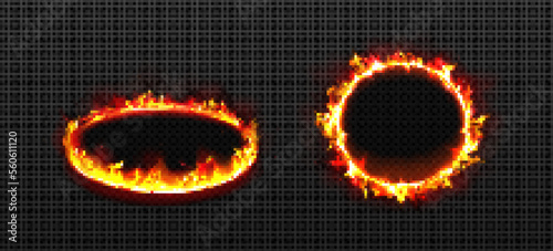 Round frames with fire. Burning rings with flame, glow effect and sparkles. Yellow orange fiery platforms in perspective, front view isolated on transparent background, vector realistic set