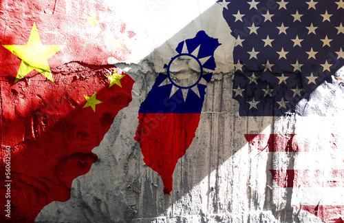 trade war. Flag of the People's Republic of China. Flag of the United States. Taiwan flag