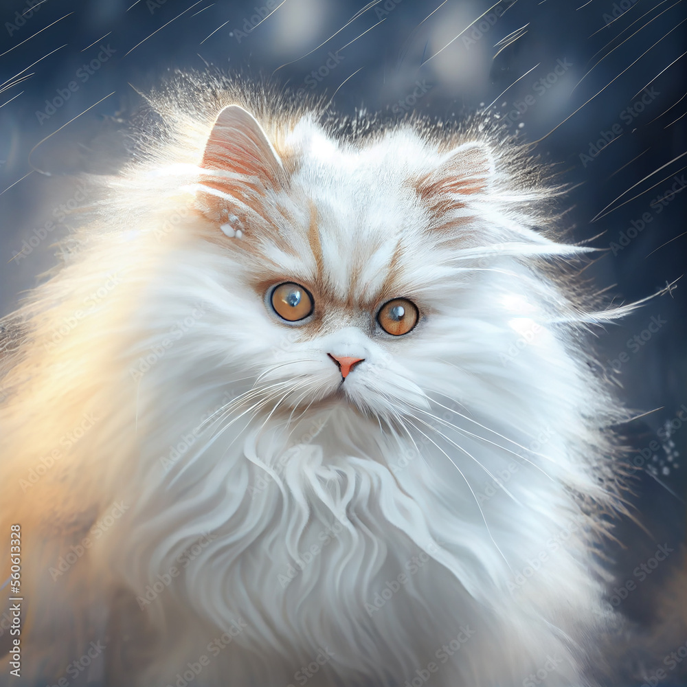 Realistic White Fluffy Cat In Snow Winter Background Generative AI