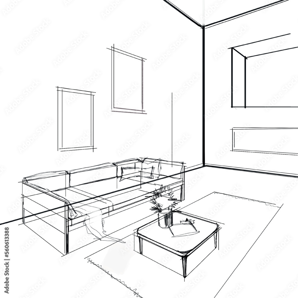 Drawing of a promising interior. a hand-drawn pencil sketch of a black-and-white interior design.sketch for banner design.