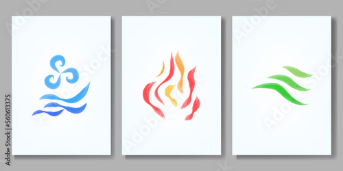 Water, fire, earth. Elements of nature. Design for wall, logo, icon, sign. Watercolor or gouache hand drawn.
