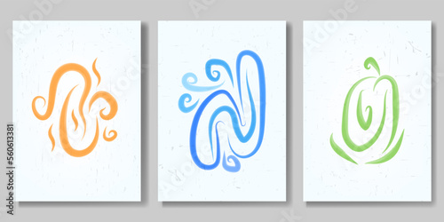 Elements of nature. Vector illustration. Water, fire, earth. Wall design, logo, icon, sign. Watercolor or gouache hand drawn.