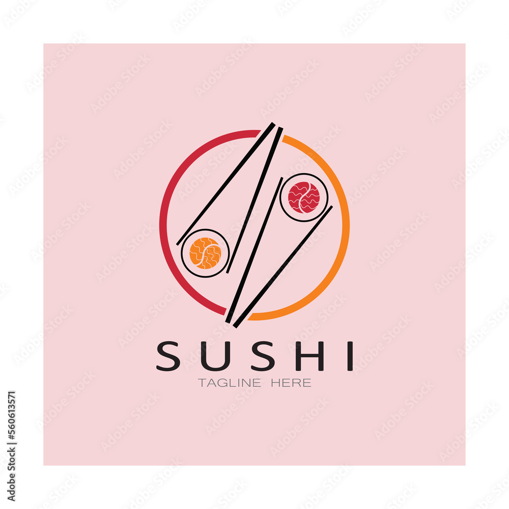 Sushi logo template.Vector Icon Style Illustration Bar or Shop, Sushi,Salmon Roll,Sushi and rolls with chopstick bar or restaurant vector logo template