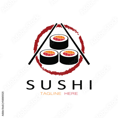 Sushi logo template.Vector Icon Style Illustration Bar or Shop, Sushi,Salmon Roll,Sushi and rolls with chopstick bar or restaurant vector logo template