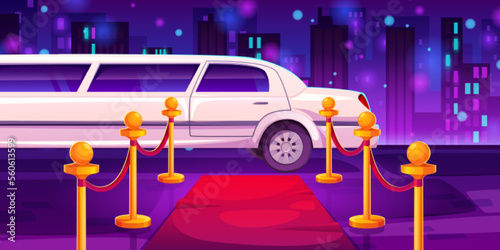 Luxury white limousine car with closed door near empty red carpet with rope barrier against night cityscape background. Celebrity arrival at vip party or awarding ceremony. Cartoon vector illustration