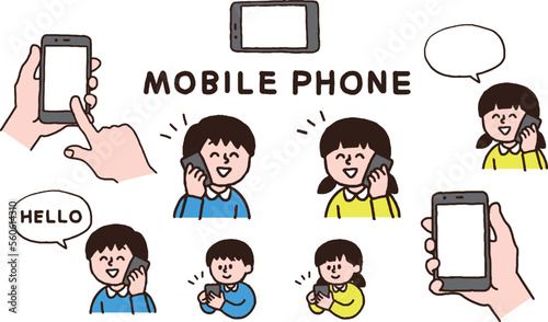 スマートフォンを操作する子供セット（手書きカラー）