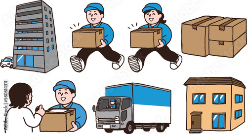 荷物を運ぶ運送業男性女性イラストセット（手書きカラー）