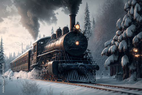 Obraz na plátně Old train at winter. Generative AI.