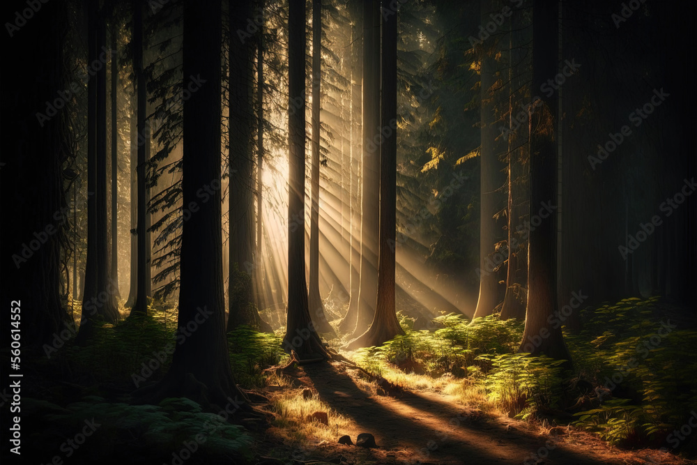 Obraz premium Sun rays shining through trees in forest. Generative AI.