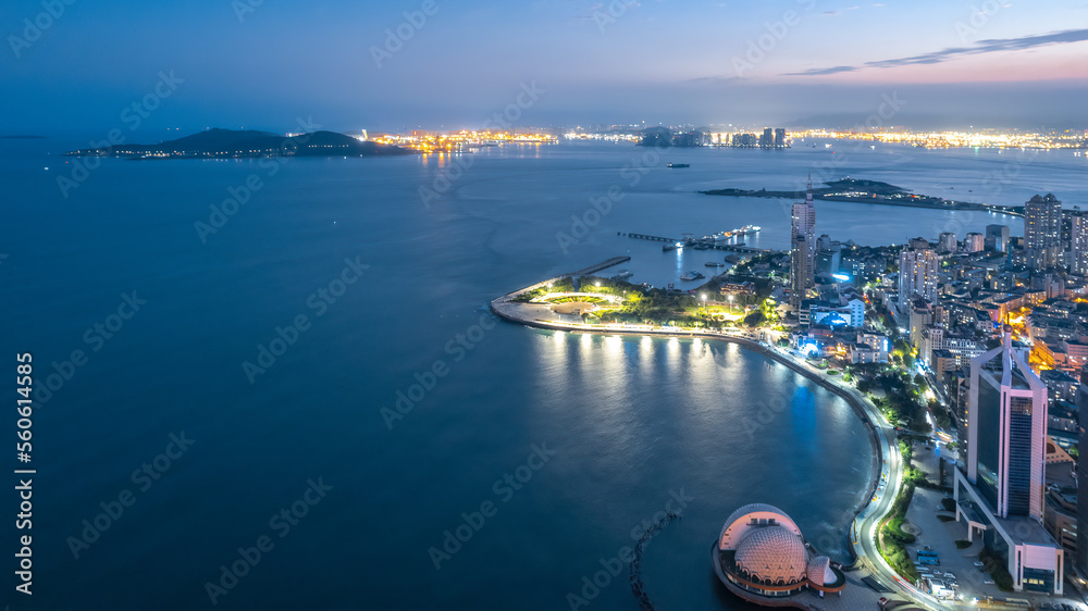 Overlooking the night view of Qingdao City Coastlin