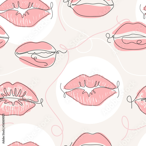 Seamless Line art pattern with Lips. Vector illustration.
