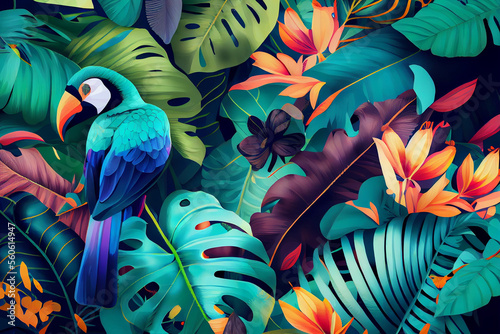 Tropical background with jungle plants and exotic birds. Generative AI © olegganko