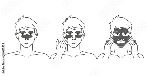 Young man with face mask, Spa and skin care for men. on white background, Linear logo minimalist style.