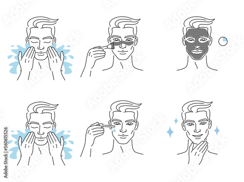 Beautiful young man take skin care about his face procedure at home. Beauty face care concept. Linear logo minimalist style. Vector design illustration.