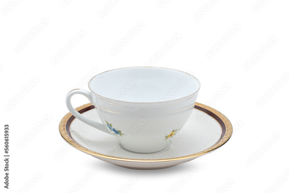 Empty white ceramic mug. Decorative flower pattern with one handle cup isolated on white background. Modern mug tea, coffee, or milk. Shiny bright color glazed vintage handmade for drinking water. Empty white ceramic mug. Decorative flower pattern with one handle cup isolated on white background. Modern mug tea, coffee, or milk. Shiny bright color glazed vintage handmade for drinking water.
