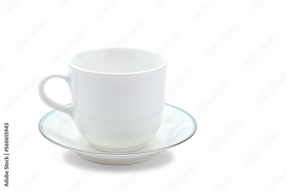 Empty white ceramic mug. Decorative flower pattern with one handle cup isolated on white background. Modern mug tea, coffee, or milk. Shiny bright color glazed vintage handmade for drinking water. Empty white ceramic mug. Decorative flower pattern with one handle cup isolated on white background. Modern mug tea, coffee, or milk. Shiny bright color glazed vintage handmade for drinking water.