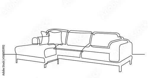 continuous line drawing of large modern sectional sofa with cushions - PNG image with transparent background