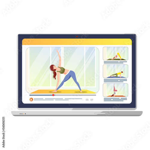 Laptop screen with videos of people doing yoga exercises on the mat. Online yoga classes, wellness, healthy lifestyle, sport, fitness concept. Isolated vector illustration.