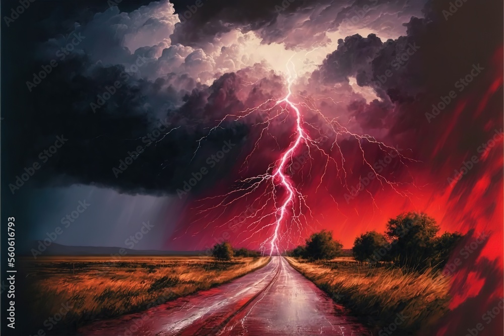 Road with a view of the red storm and lightning