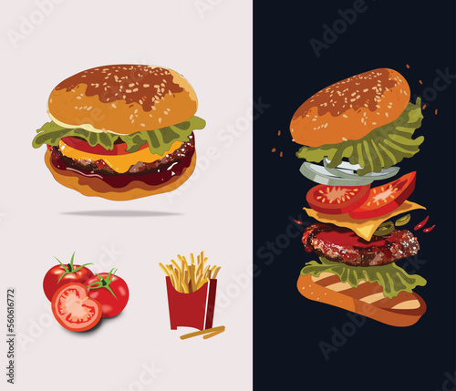 Realistic burger and fries vector illustration