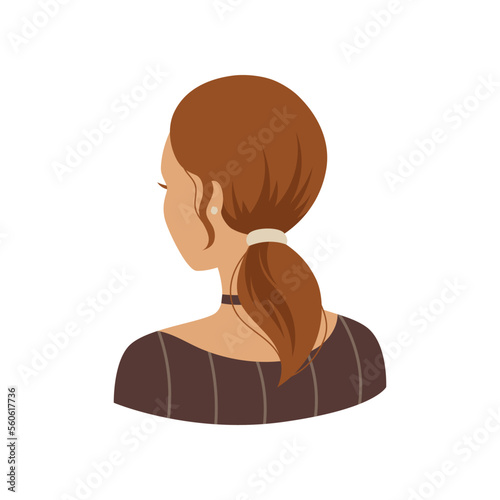 Brown-haired woman with ponytail vector illustration. Back view of trendy female hairstyle with white hair tie isolated on white background. Beauty salon concept