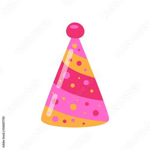 Pink birthday party hat cartoon illustration. Colorful accessory for celebration, carnival paper cone cap for children isolated on white background. Holiday, festive atmosphere concept