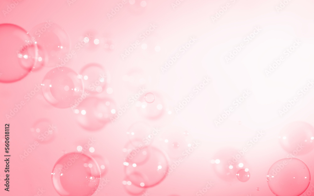 Abstract Beautiful Transparent Pink Soap Bubbles Background. Defocus, Blurred Celebration, Romantic Love ValentinesTheme. Circles Bubbles. Freshness Soap Sud Bubbles