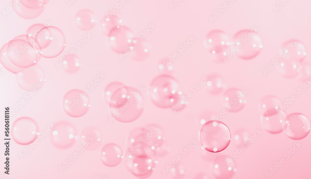 Abstract Beautiful Transparent Pink Soap Bubbles Background. Defocus, Blurred Celebration, Romantic Love ValentinesTheme. Circles Bubbles. Freshness Soap Sud Bubbles Water