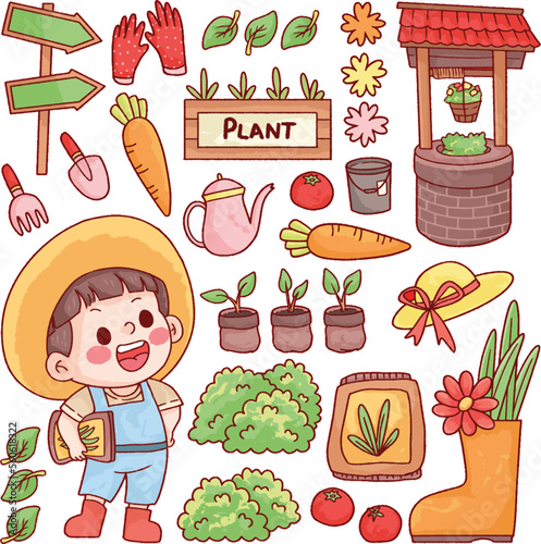 Gardening farmer boy and element farming planting in the farm