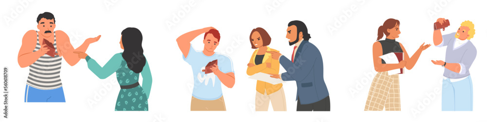 Poor broke men and women holding empty wallets set Poor broke men and women holding empty wallets set