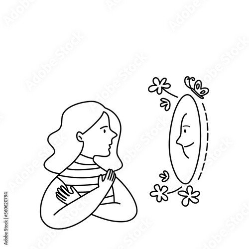 Isolated of a woman doing positive self talk in front of mirror, black outline cartoon.