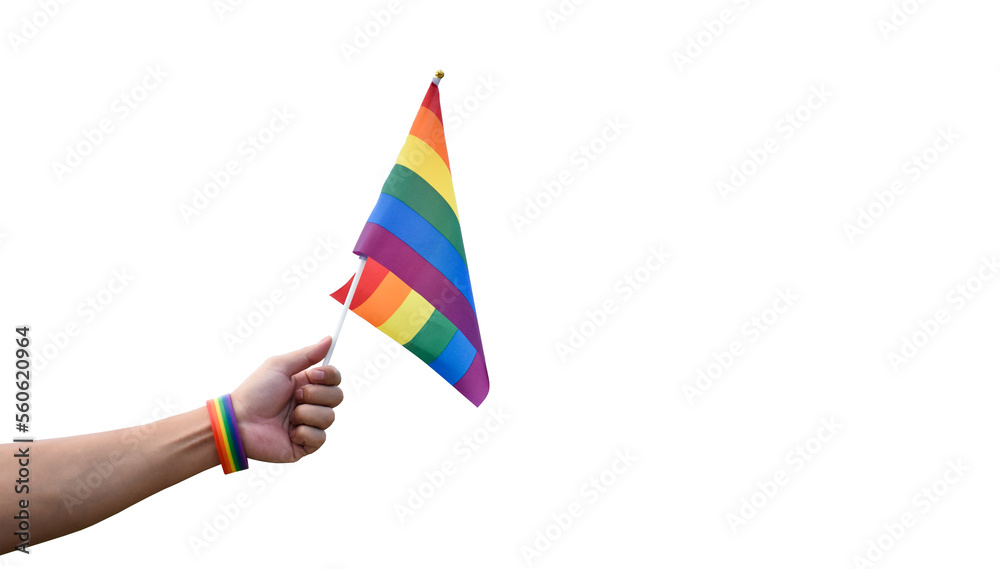 Isolated rainbow flag and rainbow wristband, LGBT symbol, holding in hand with clipping paths. Isolated rainbow flag and rainbow wristband, LGBT symbol, holding in hand with clipping paths.