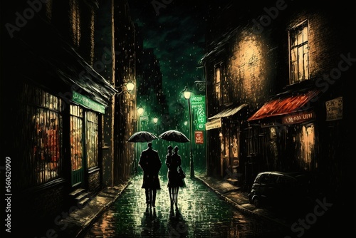 A couple walks at night in an alley