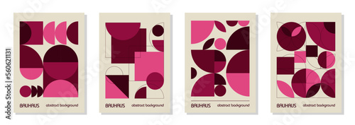Set of 4 minimal vintage 20s geometric design posters, wall art, template, layout with primitive shapes. Bauhaus pink magenta retro pattern background, vector abstract circle, triangle and square