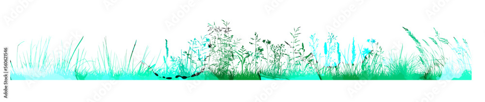 Obraz premium Vector green watercolor natural, organic, bio, eco label and shape, grass on white background. Long horizontal line of grass. Hand drawn stain.